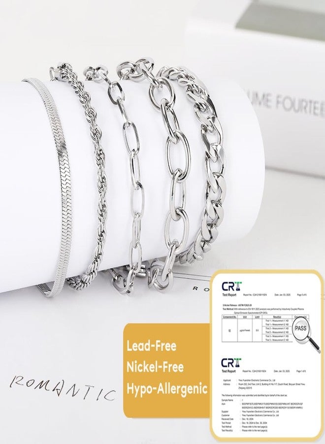 SEEDRILL Silvery Bracelets for Women Waterproof Non Tarnish Jewelry Sets 316L Stainless Steel Chunky Bracelet Stackable Layered Cuban Link Herringbone Rope Chain Bracelets Gifts for Women Trendy - Image 4